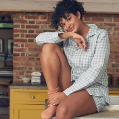 Pajama Sets|Linen Pajamas>Piglet in Bed Linen Pajama Shorts Set Warm Blue Gingham