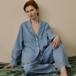 Pajama Sets|Linen Pajamas>Piglet in Bed Linen Pajama Set Wave Blue