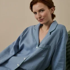 Linen Pajamas>Piglet in Bed Linen Pajama Shirt Wave Blue