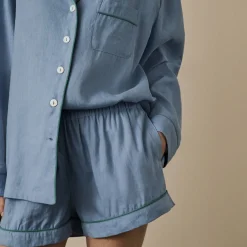 Linen Pajamas>Piglet in Bed Linen Pajama Shorts Wave Blue