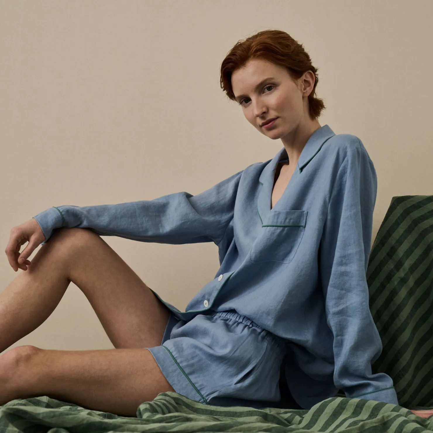 Linen Pajamas>Piglet in Bed Linen Pajama Shorts Wave Blue