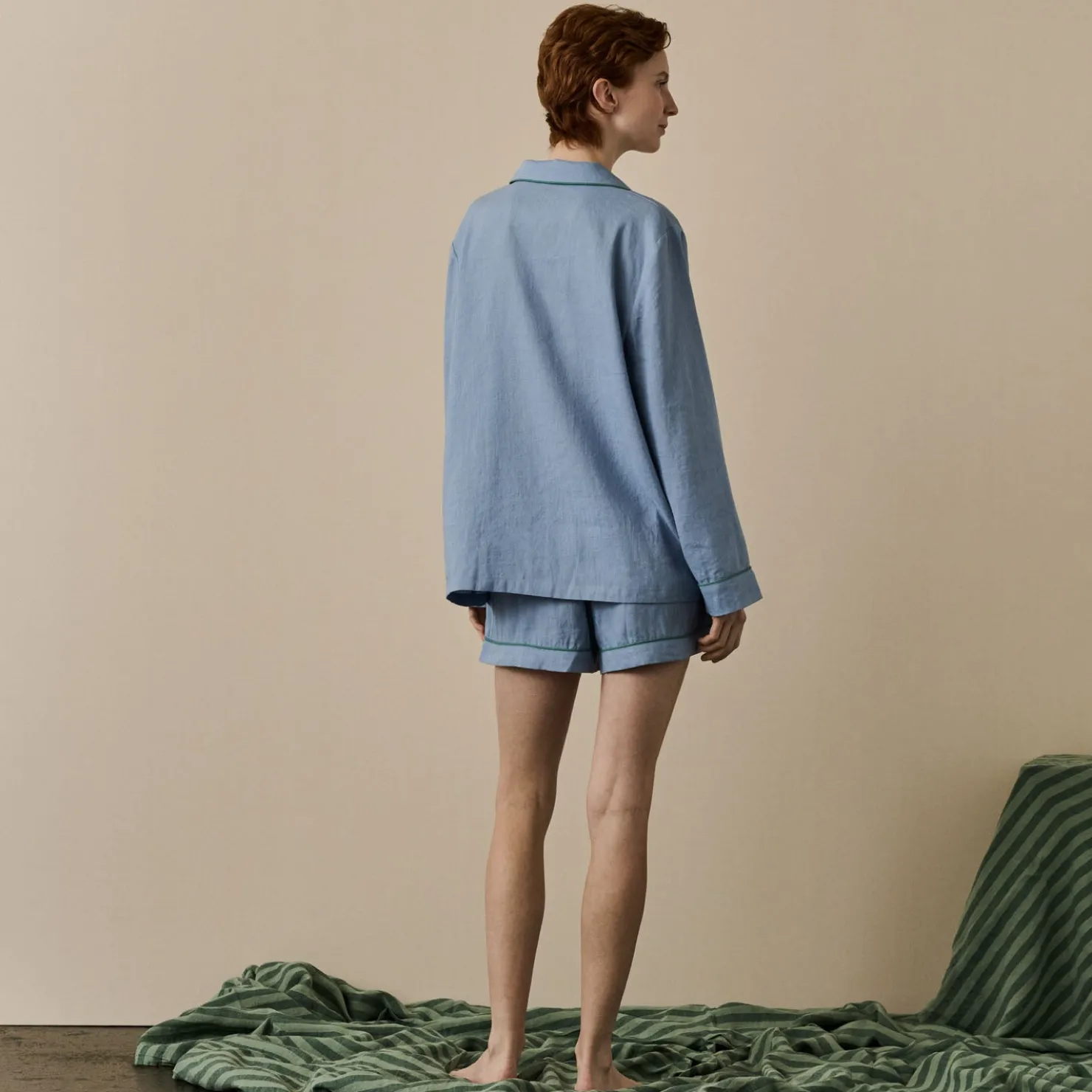 Pajama Sets|Linen Pajamas>Piglet in Bed Linen Pajama Shorts Set Wave Blue